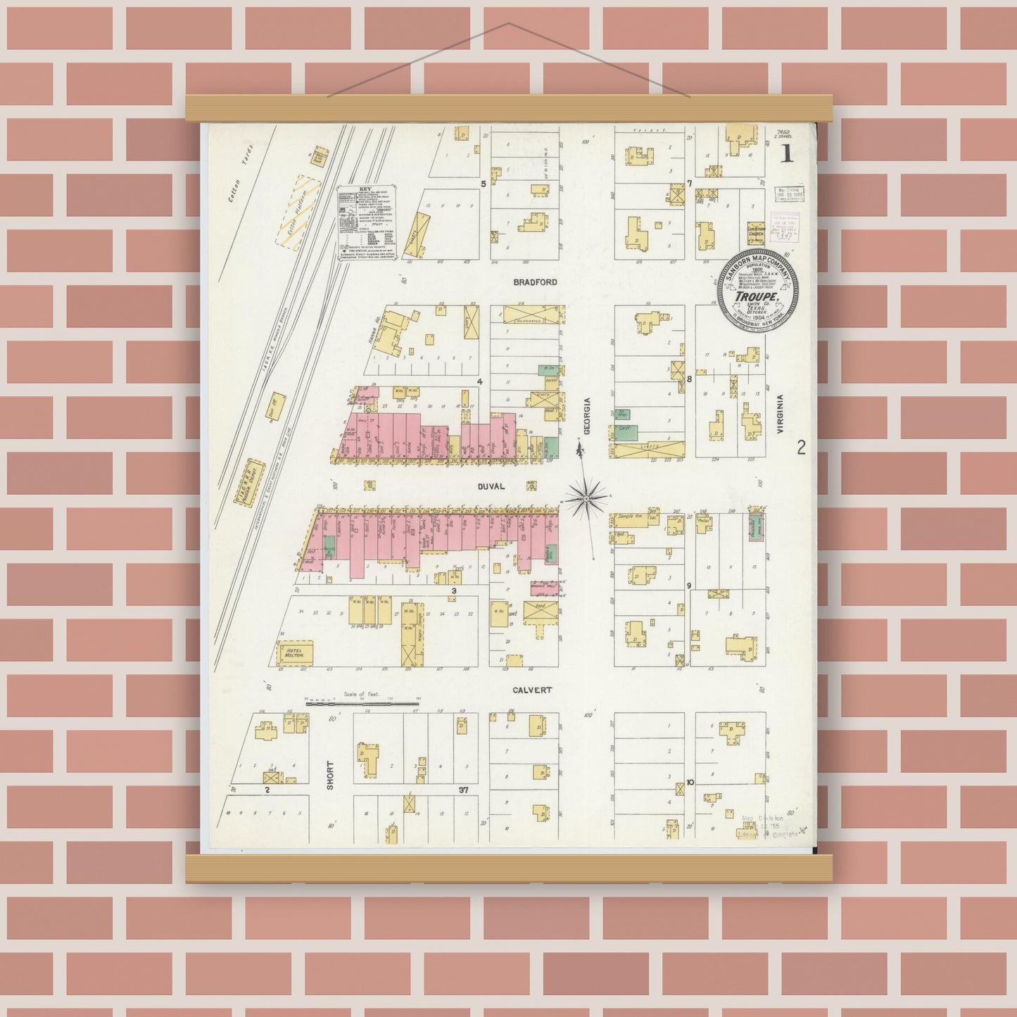 Old map wall art mockup — magnetic wood frame on brick wall — Sanborn Fire Insurance Map from Troup, Smith County, Texas (1904), Sheet #0001