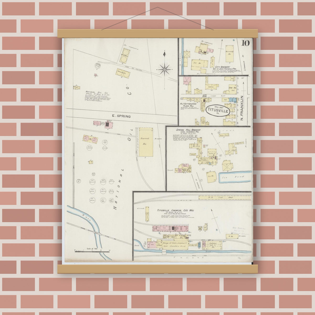Old map wall art mockup — magnetic wood frame on brick wall — Sanborn Fire Insurance Map from Titusville, Crawford County, Pennsylvania (1887), Sheet #0010