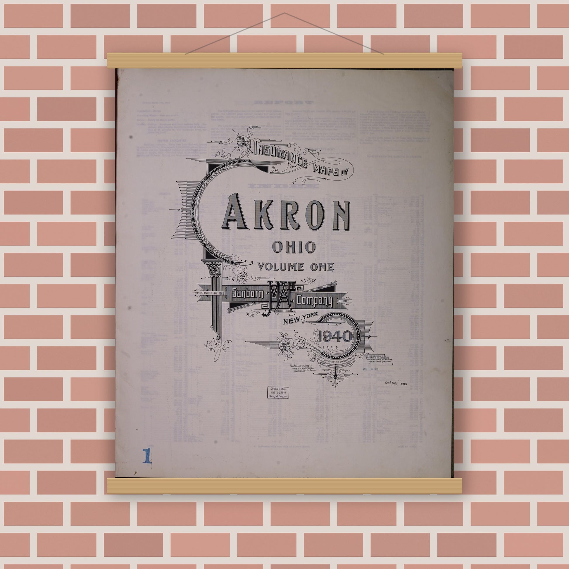 Old map wall art mockup — magnetic wood frame on brick wall — Sanborn Fire Insurance Map from Akron, Summit County, Ohio (1940), Sheet #0001