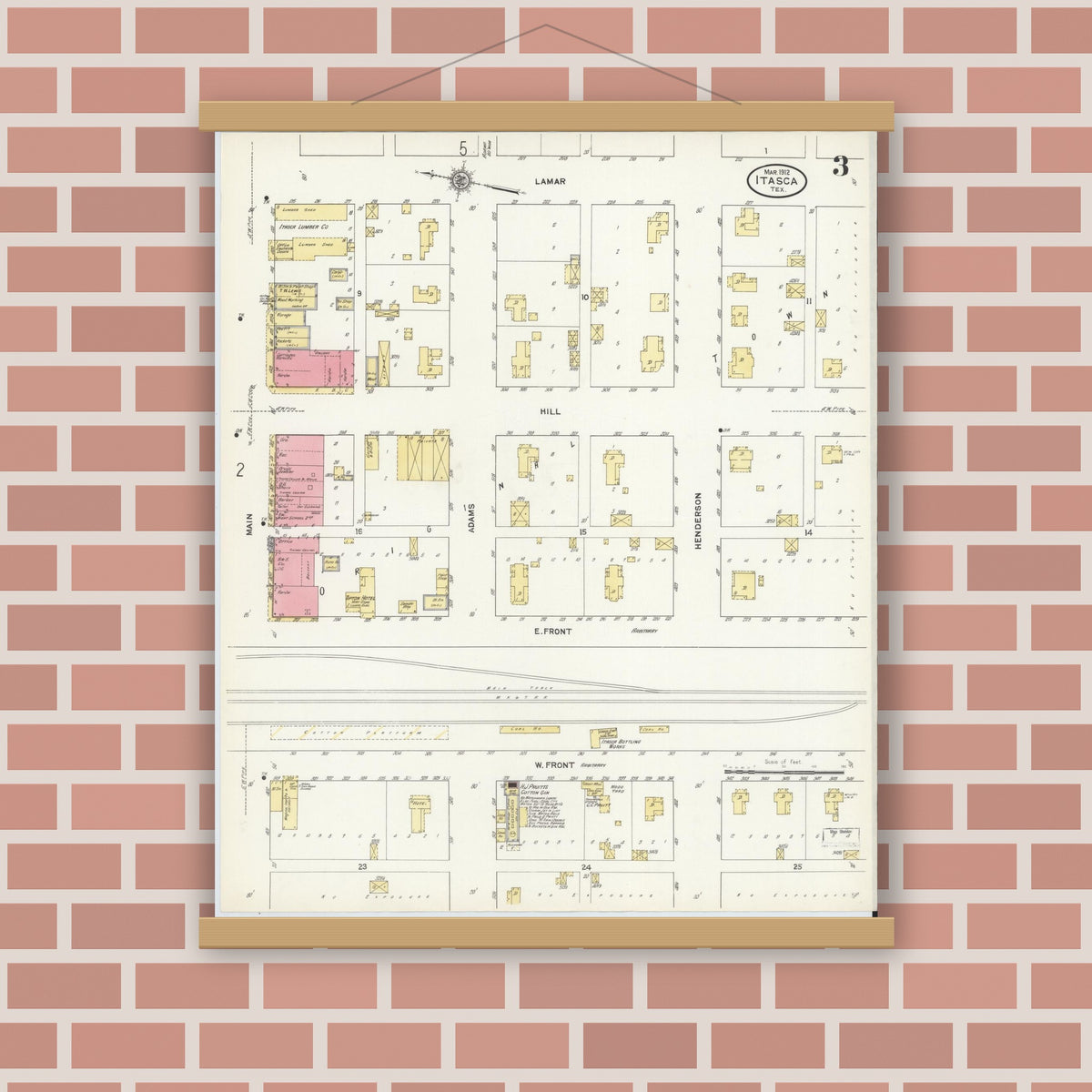 Old map wall art mockup — magnetic wood frame on brick wall — Sanborn Fire Insurance Map from Itasca, Hill County, Texas (1912), Sheet #0003
