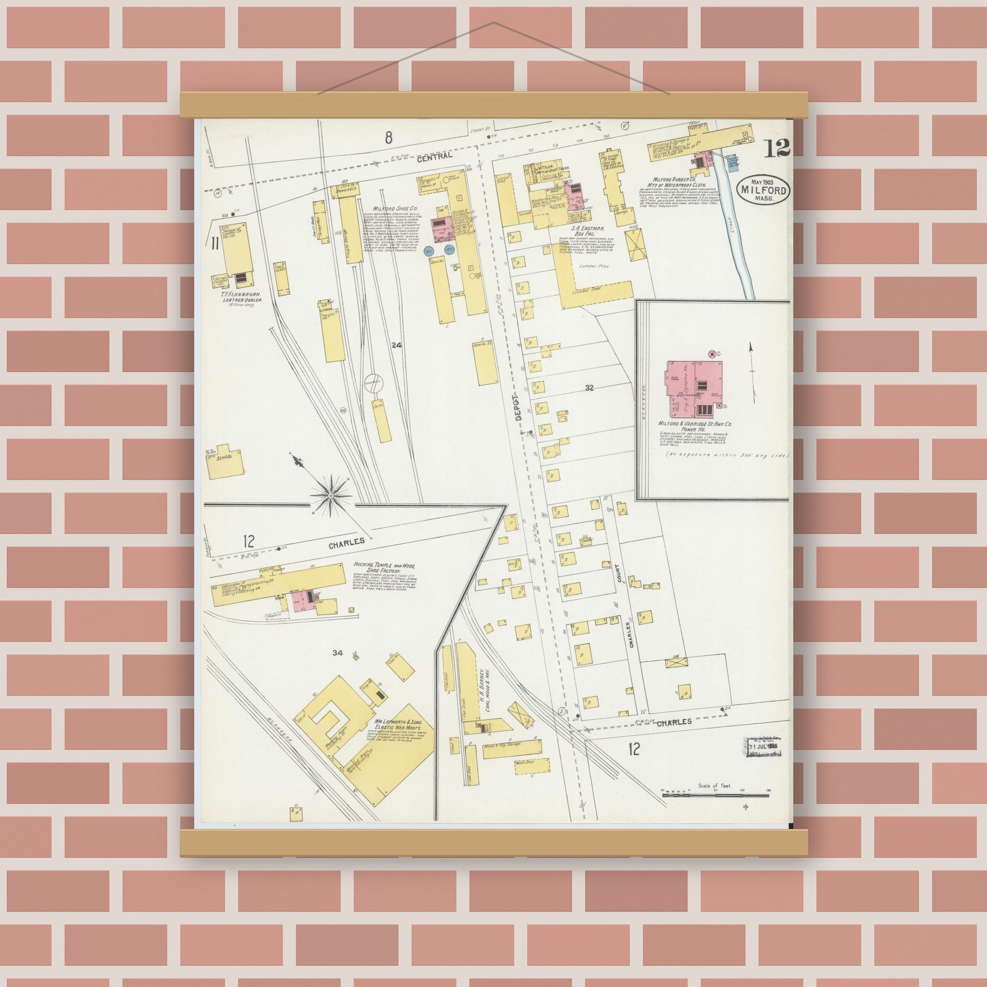 Old map wall art mockup — magnetic wood frame on brick wall — Sanborn Fire Insurance Map from Milford, Worcester County, Massachusetts (1903), Sheet #0012