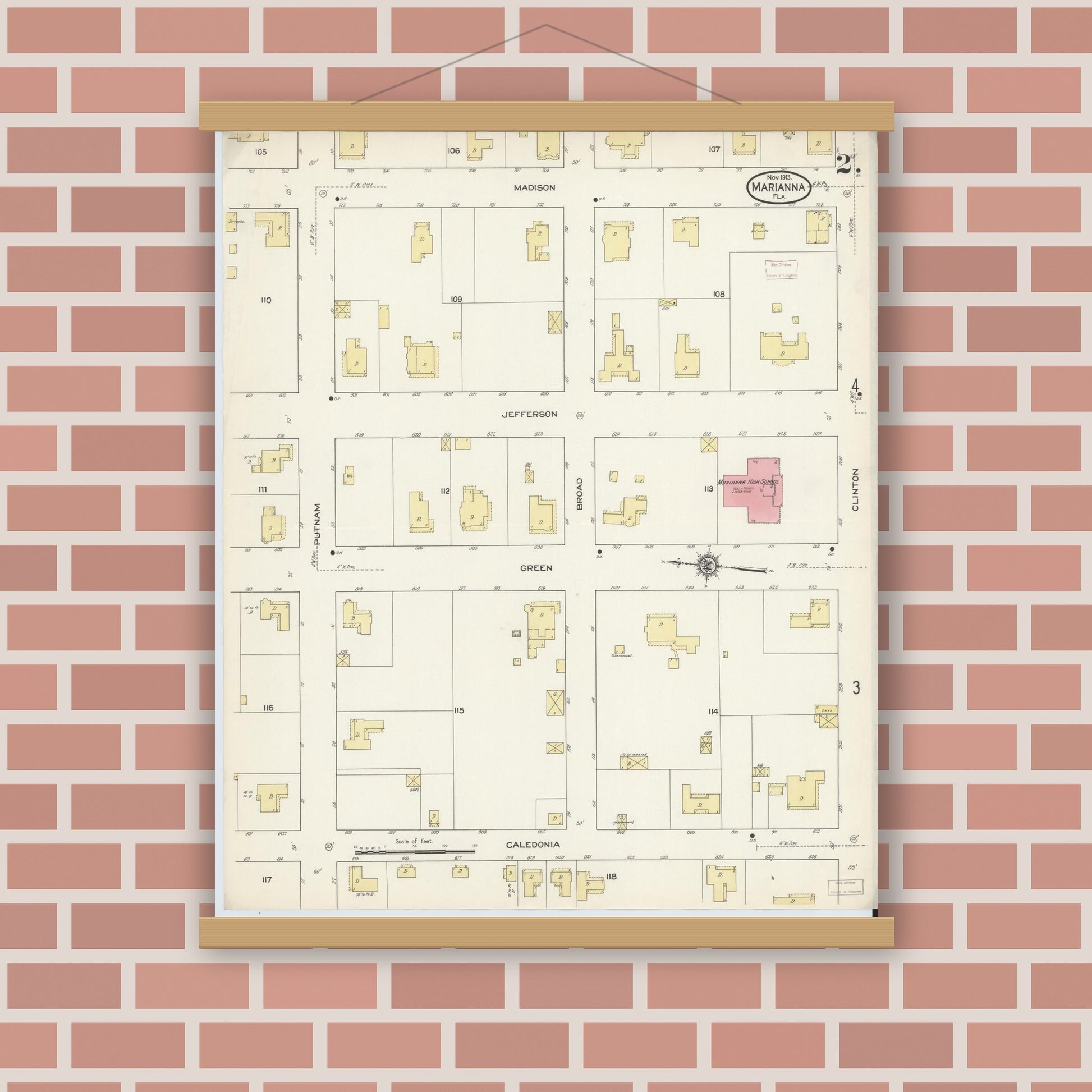 Old map wall art mockup — magnetic wood frame on brick wall — Sanborn Fire Insurance Map from Marianna, Jackson County, Florida (1913), Sheet #0002