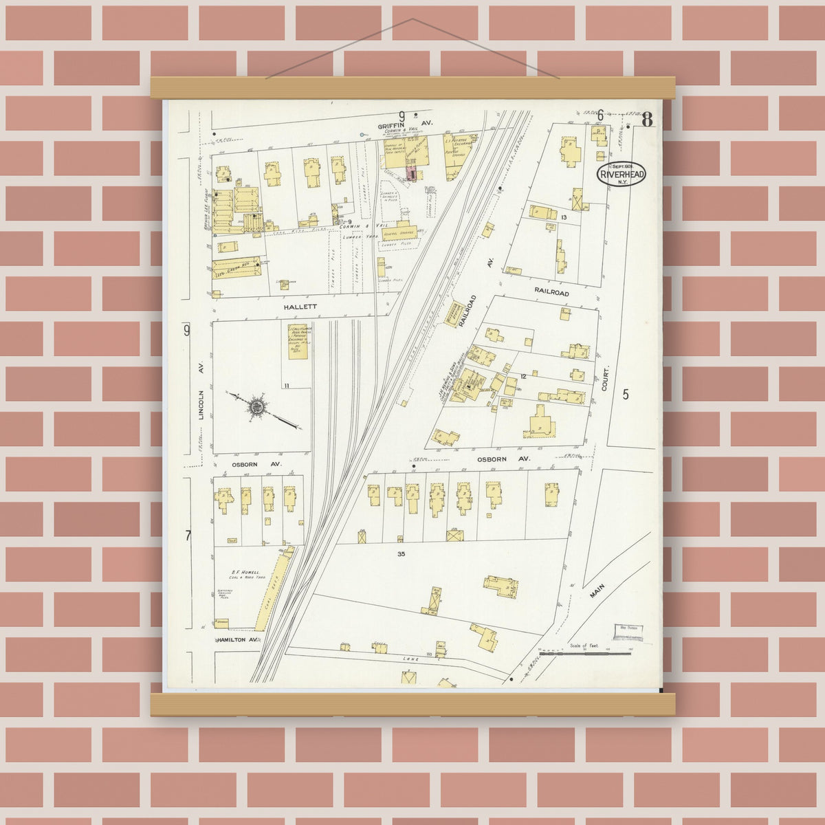 Old map wall art mockup — magnetic wood frame on brick wall — Sanborn Fire Insurance Map from Riverhead, Suffolk County, New York (1909), Sheet #0008