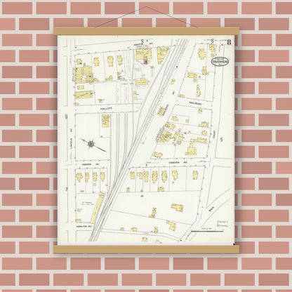 Old map wall art mockup — magnetic wood frame on brick wall — Sanborn Fire Insurance Map from Riverhead, Suffolk County, New York (1909), Sheet #0008