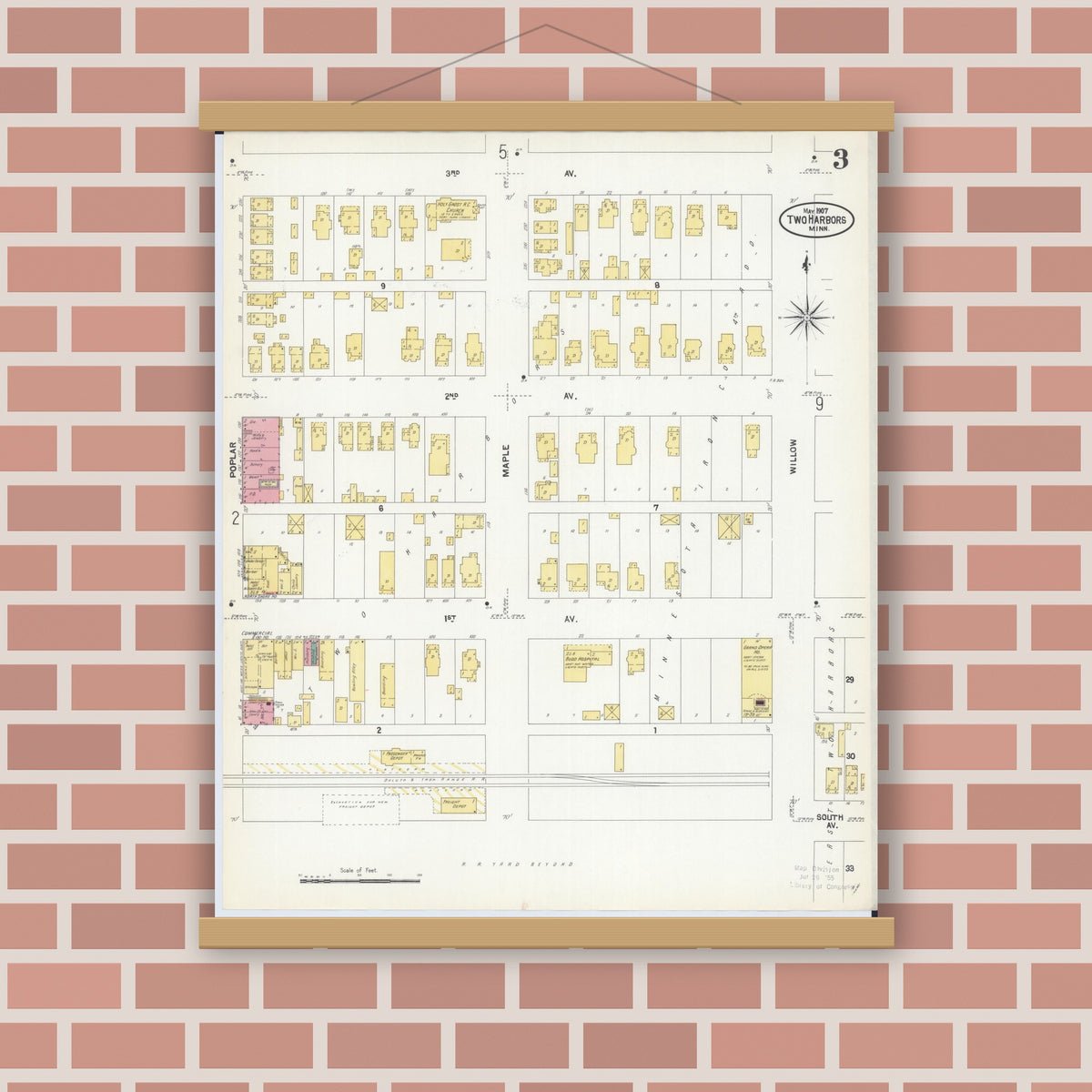 Old map wall art mockup — magnetic wood frame on brick wall — Sanborn Fire Insurance Map from Two Harbors, Lake County, Minnesota (1907), Sheet #0003