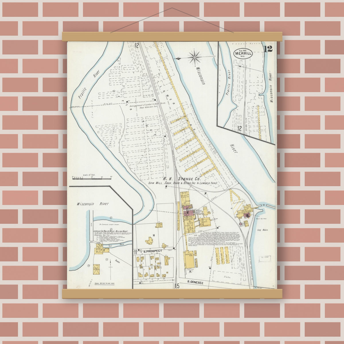 Old map wall art mockup — magnetic wood frame on brick wall — Sanborn Fire Insurance Map from Merrill, Lincoln County, Wisconsin (1902), Sheet #0012