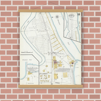 Old map wall art mockup — magnetic wood frame on brick wall — Sanborn Fire Insurance Map from Merrill, Lincoln County, Wisconsin (1902), Sheet #0012