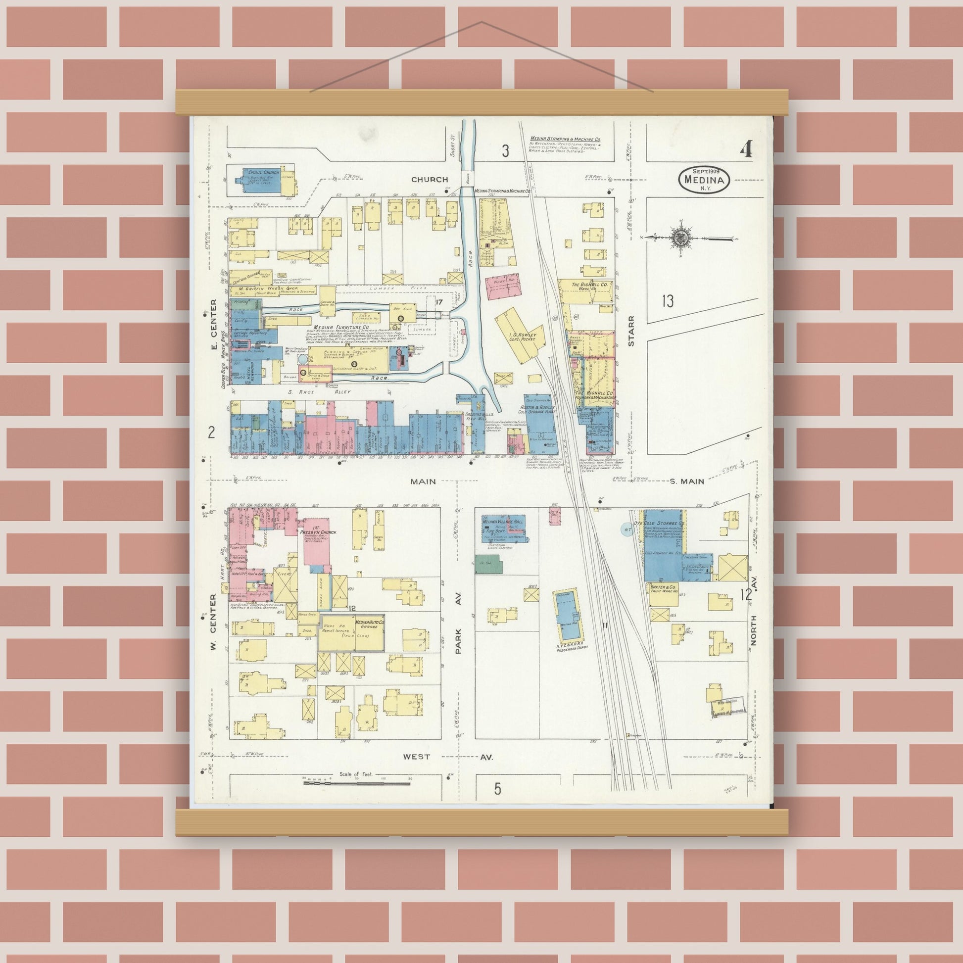 Old map wall art mockup — magnetic wood frame on brick wall — Sanborn Fire Insurance Map from Medina, Orleans County, New York (1909), Sheet #0004