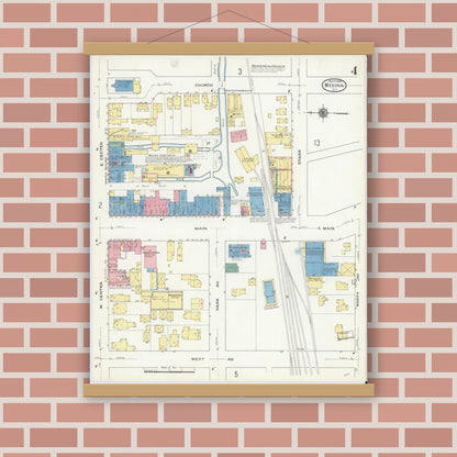 Old map wall art mockup — magnetic wood frame on brick wall — Sanborn Fire Insurance Map from Medina, Orleans County, New York (1909), Sheet #0004