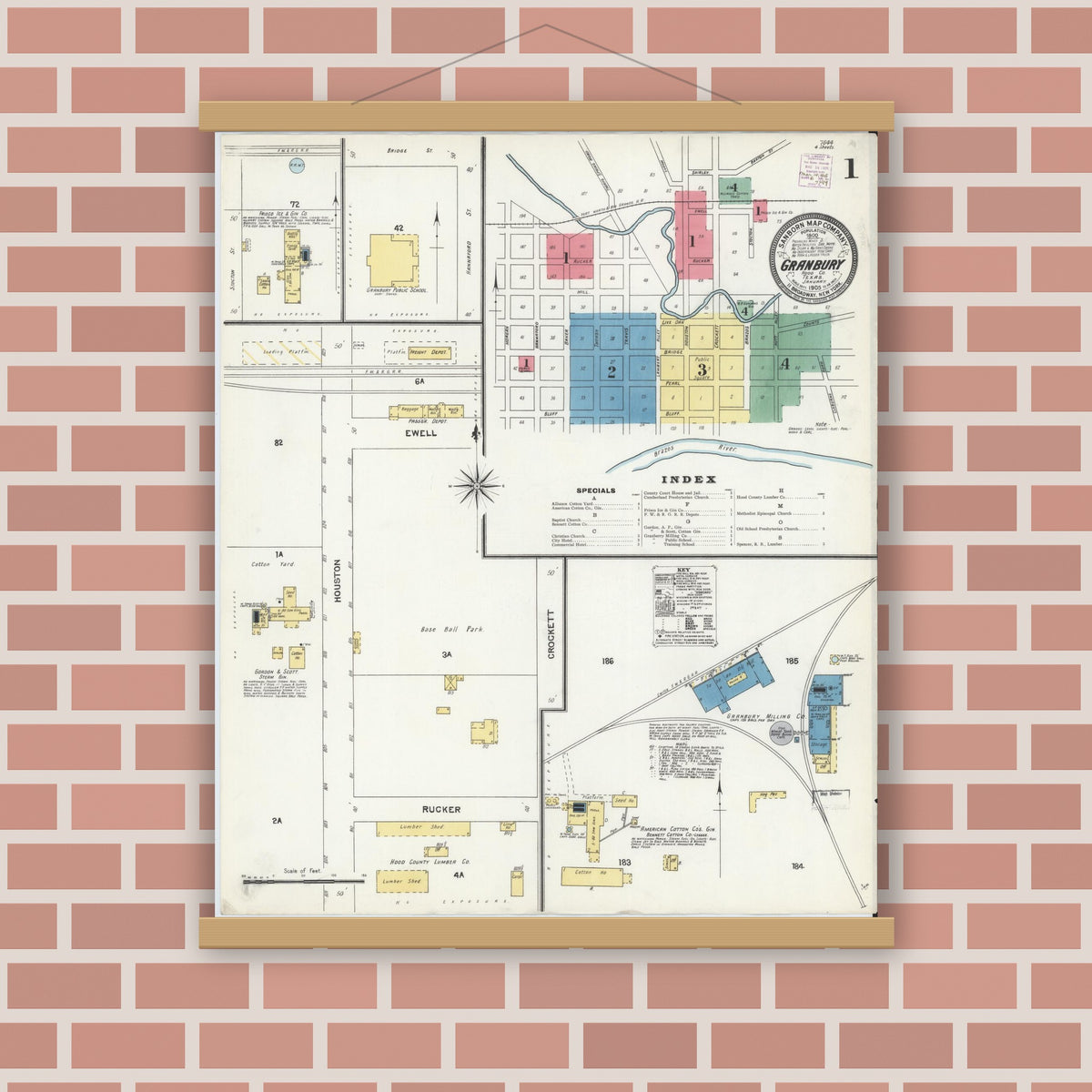 Old map wall art mockup — magnetic wood frame on brick wall — Sanborn Fire Insurance Map from Granbury, Hood County, Texas (1905) - Complete Map Set