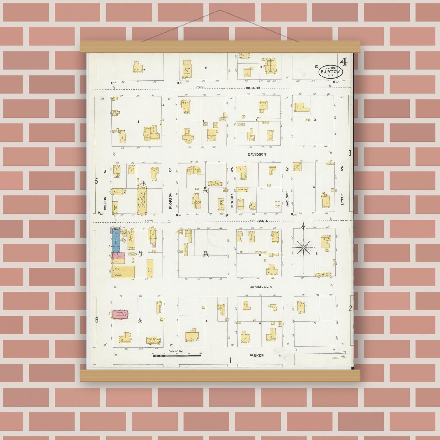 Old map wall art mockup — magnetic wood frame on brick wall — Sanborn Fire Insurance Map from Bartow, Polk County, Florida (1906), Sheet #0004