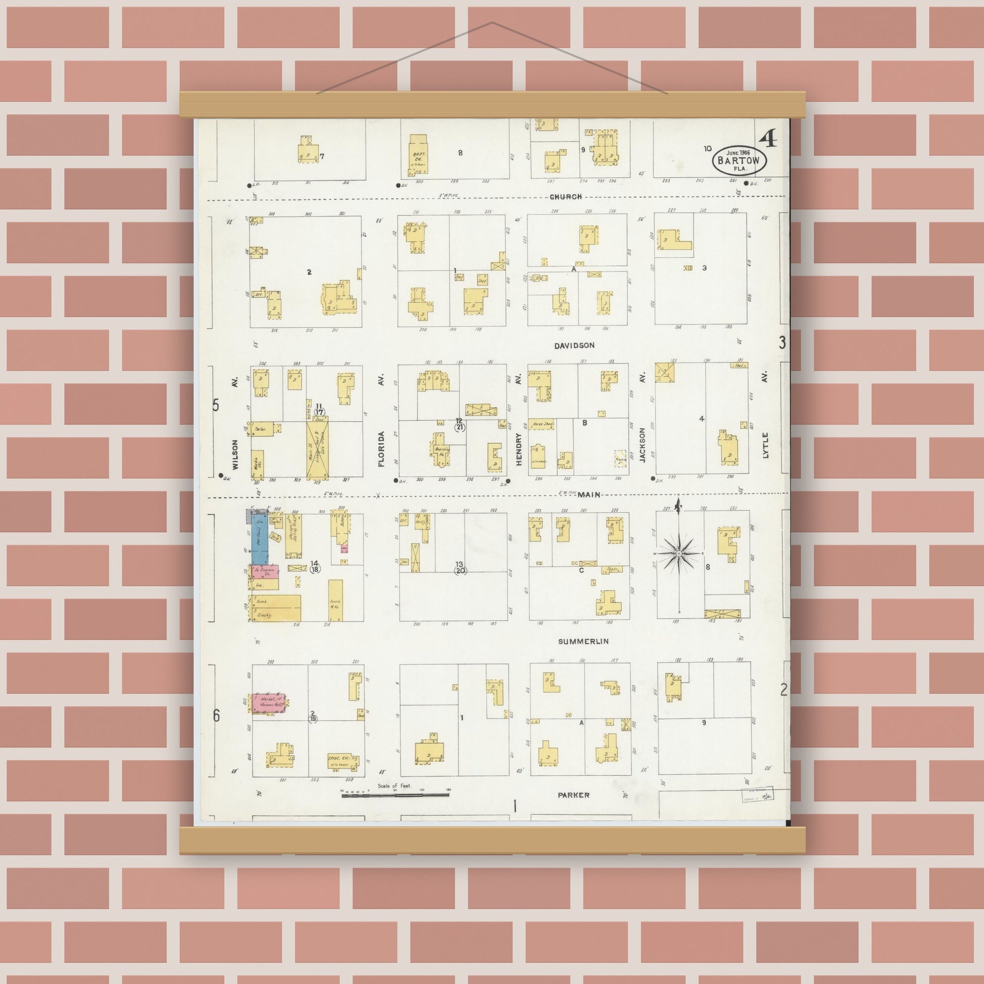 Old map wall art mockup — magnetic wood frame on brick wall — Sanborn Fire Insurance Map from Bartow, Polk County, Florida (1906), Sheet #0004