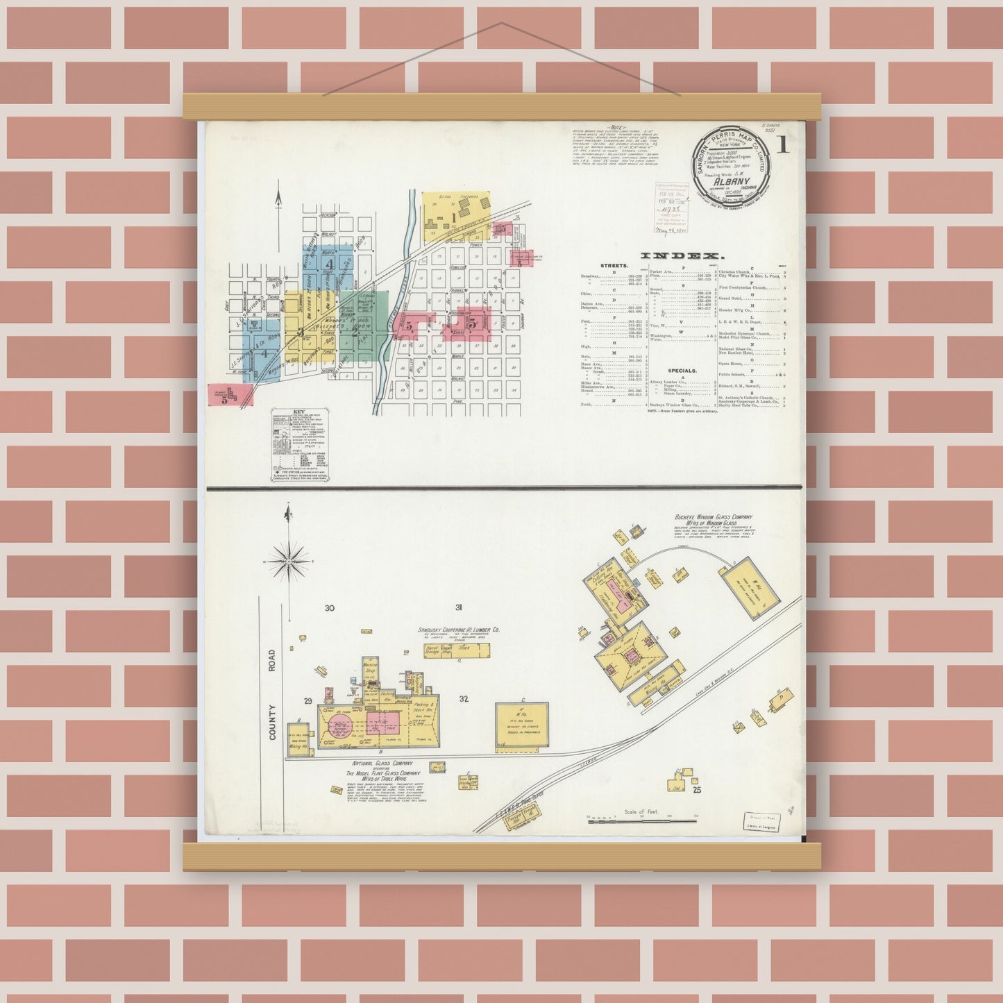 Old map wall art mockup — magnetic wood frame on brick wall — Sanborn Fire Insurance Map from Albany, Delaware County, Indiana (1899), Sheet #0001