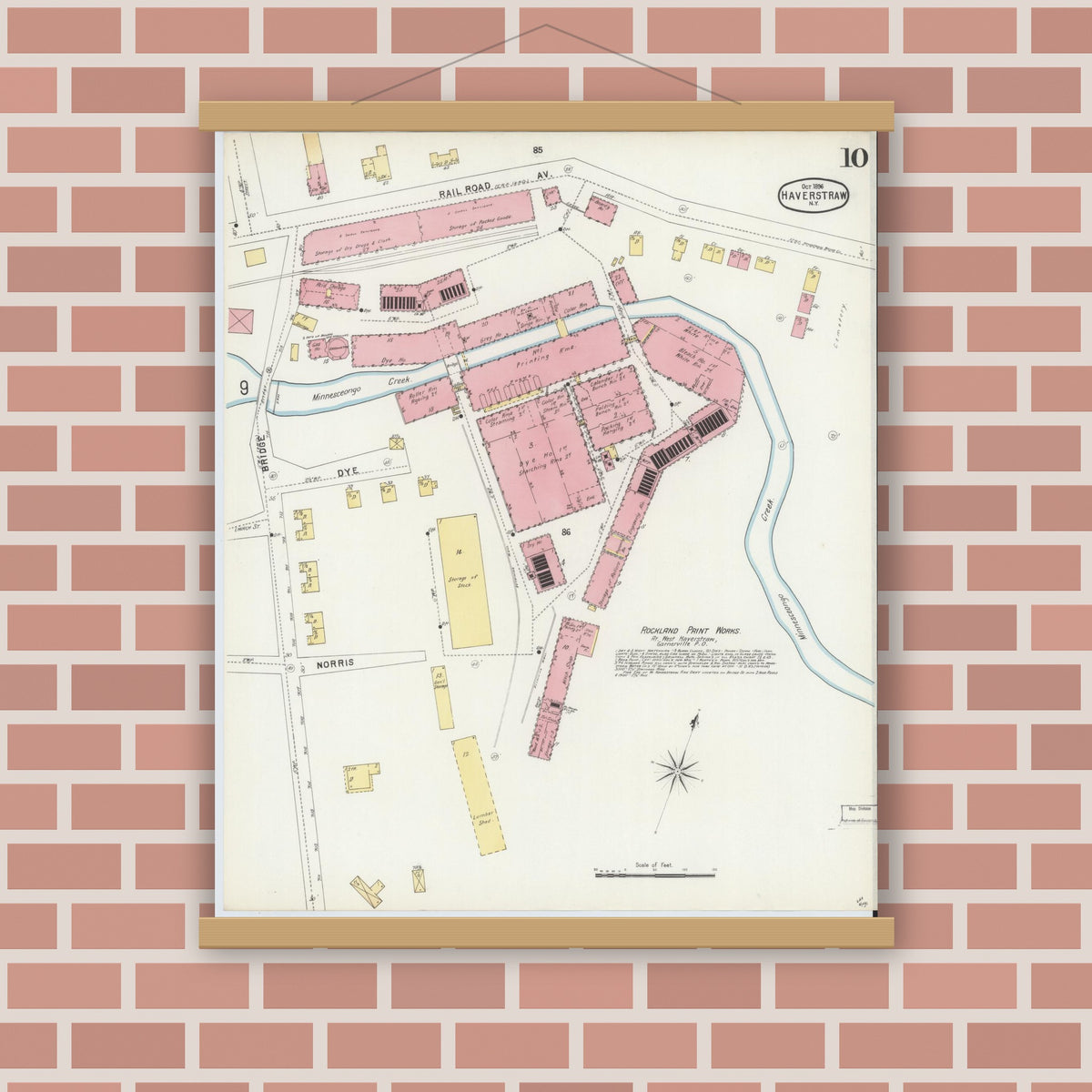 Old map wall art mockup — magnetic wood frame on brick wall — Sanborn Fire Insurance Map from Haverstraw, Rockland County, New York (1896), Sheet #0010