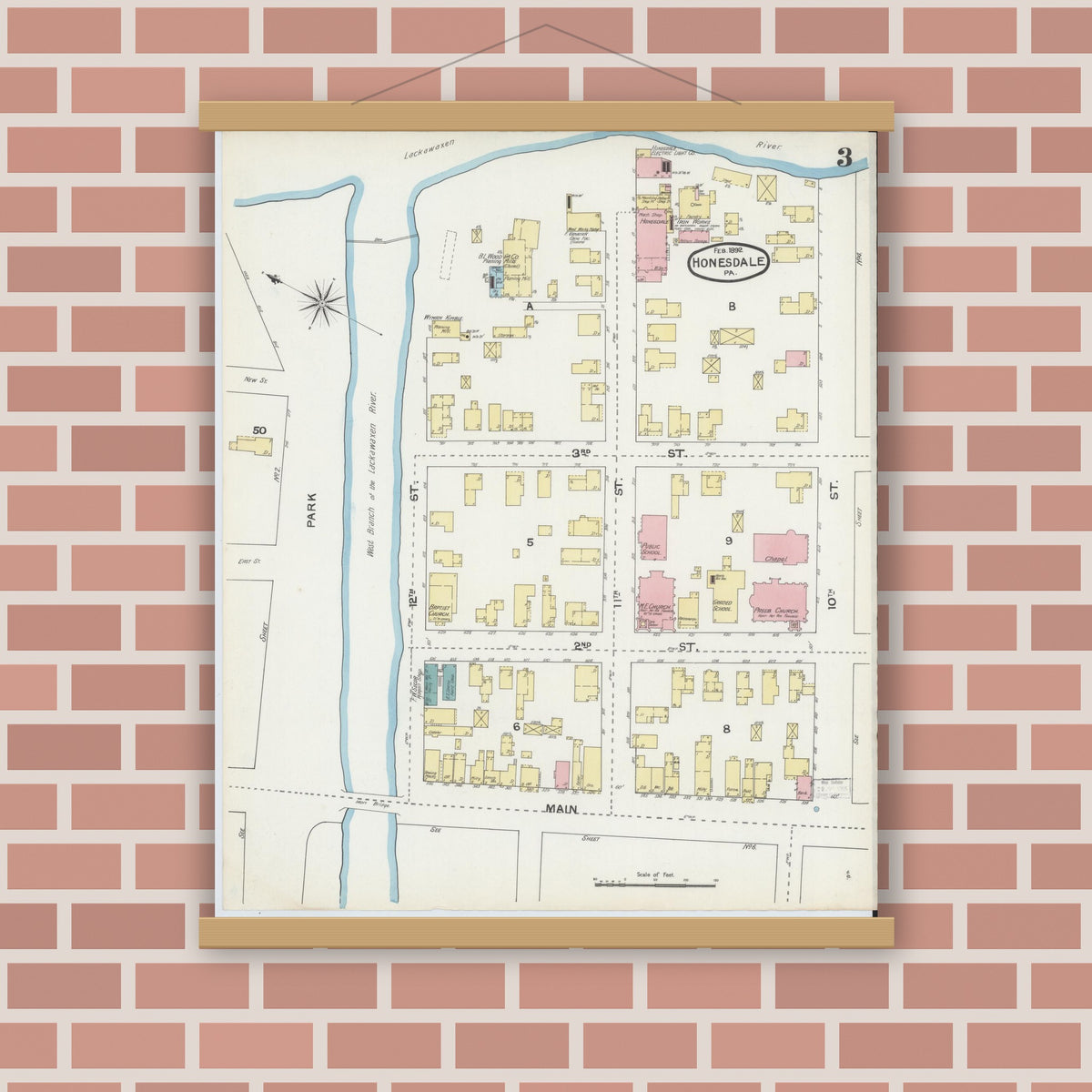Old map wall art mockup — magnetic wood frame on brick wall — Sanborn Fire Insurance Map from Honesdale, Wayne County, Pennsylvania (1892), Sheet #0003