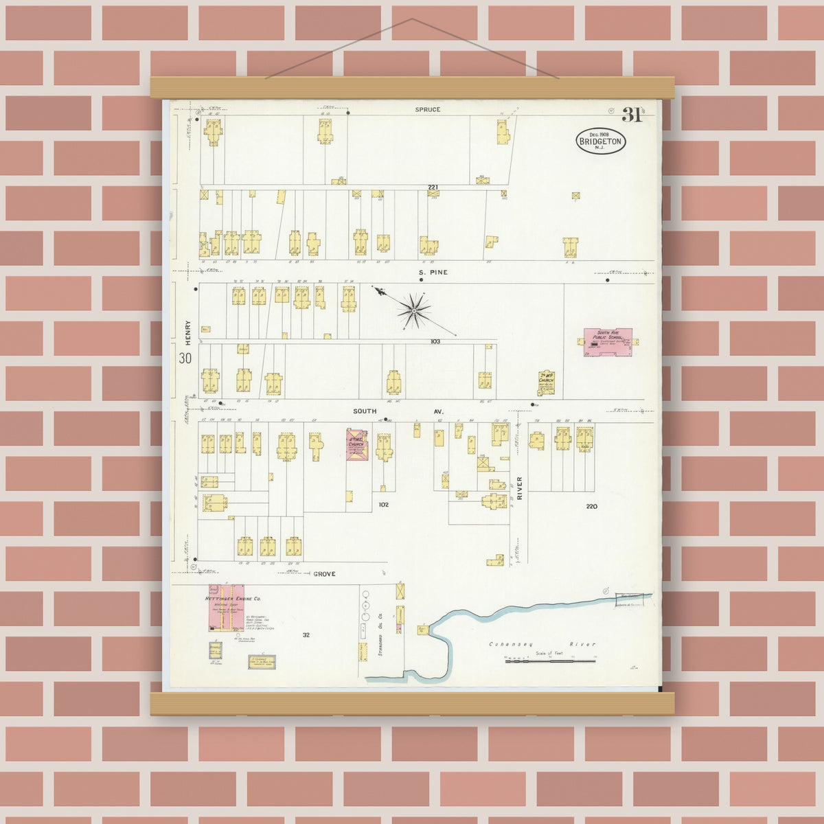 Old map wall art mockup — magnetic wood frame on brick wall — Sanborn Fire Insurance Map from Bridgeton, Cumberland County, New Jersey (1908), Sheet #0031