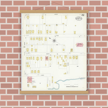 Old map wall art mockup — magnetic wood frame on brick wall — Sanborn Fire Insurance Map from Bridgeton, Cumberland County, New Jersey (1908), Sheet #0031