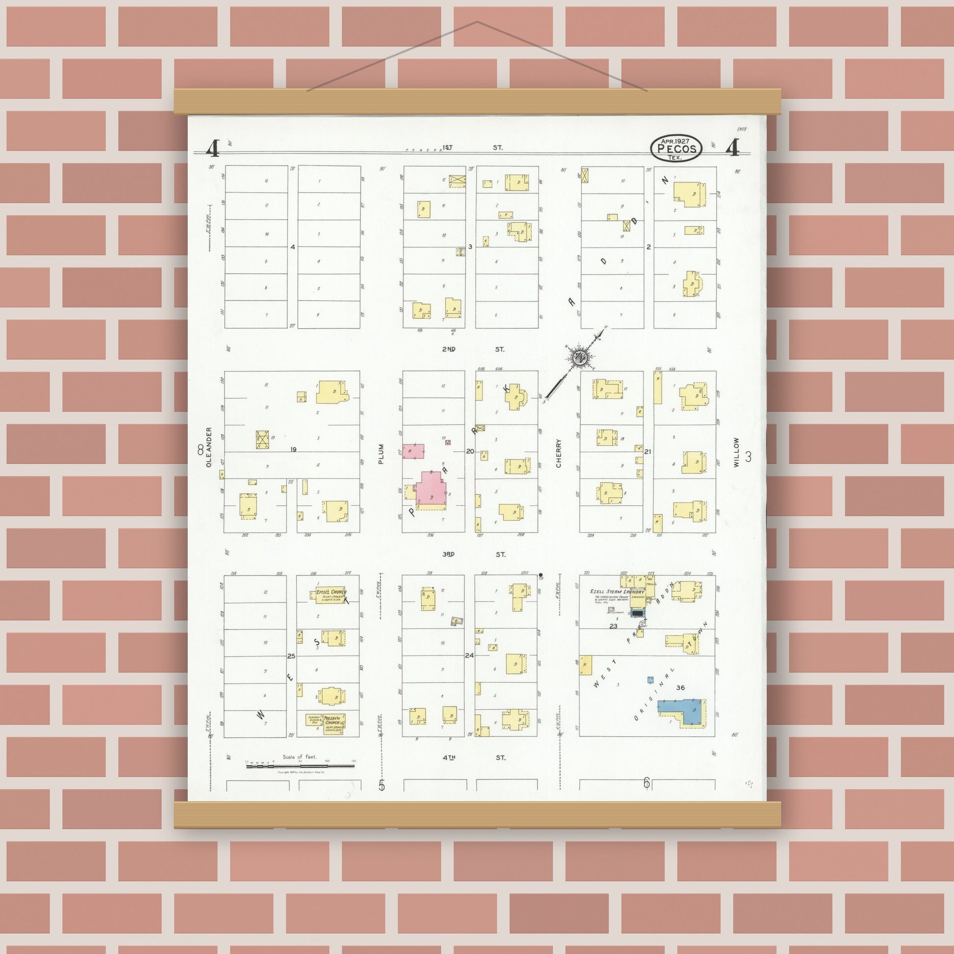Old map wall art mockup — magnetic wood frame on brick wall — Sanborn Fire Insurance Map from Pecos, Reeves County, Texas (1927), Sheet #0004