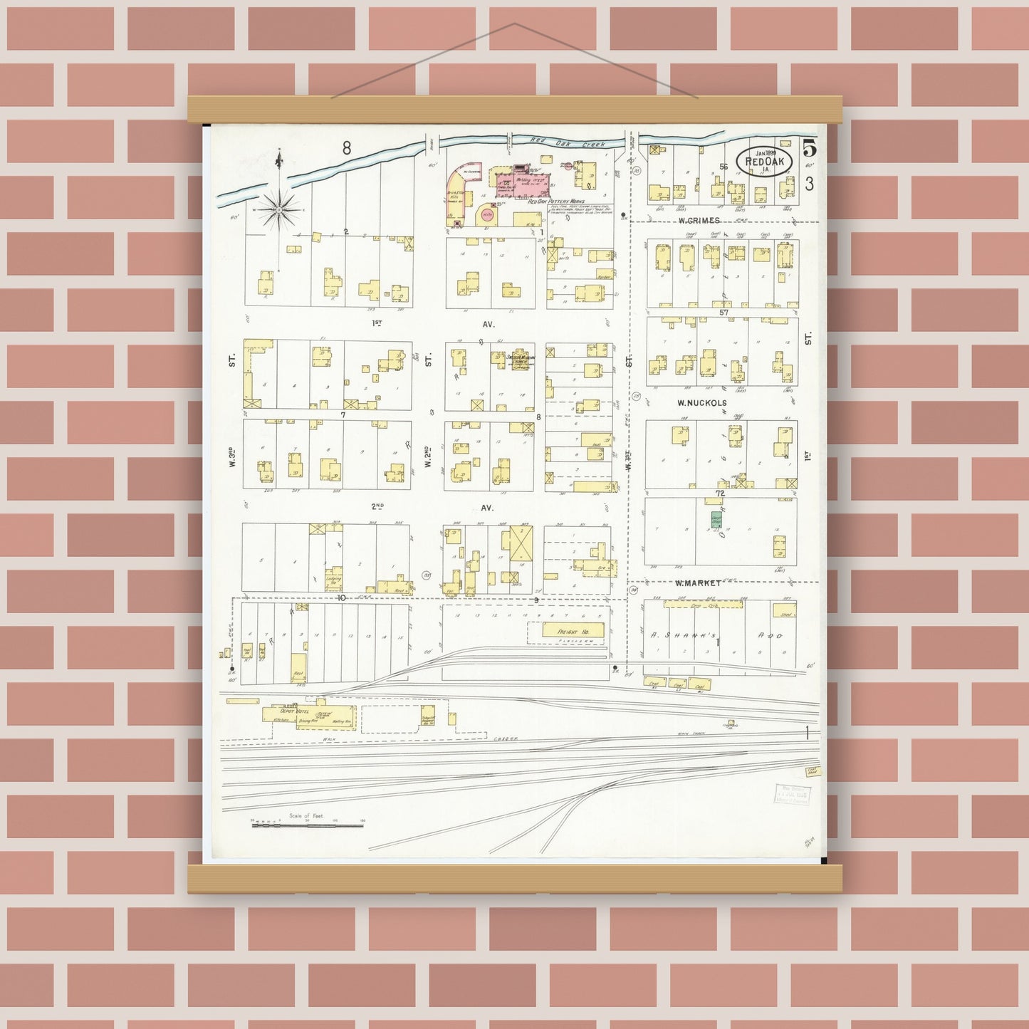Old map wall art mockup — magnetic wood frame on brick wall — Sanborn Fire Insurance Map from Red Oak, Montgomery County, Iowa (1899), Sheet #0005