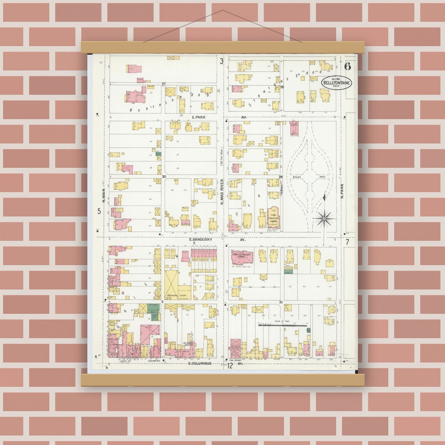 Old map wall art mockup — magnetic wood frame on brick wall — Sanborn Fire Insurance Map from Bellefontaine, Logan County, Ohio (1901), Sheet #0006
