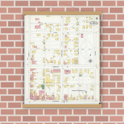 Old map wall art mockup — magnetic wood frame on brick wall — Sanborn Fire Insurance Map from Bellefontaine, Logan County, Ohio (1901), Sheet #0006