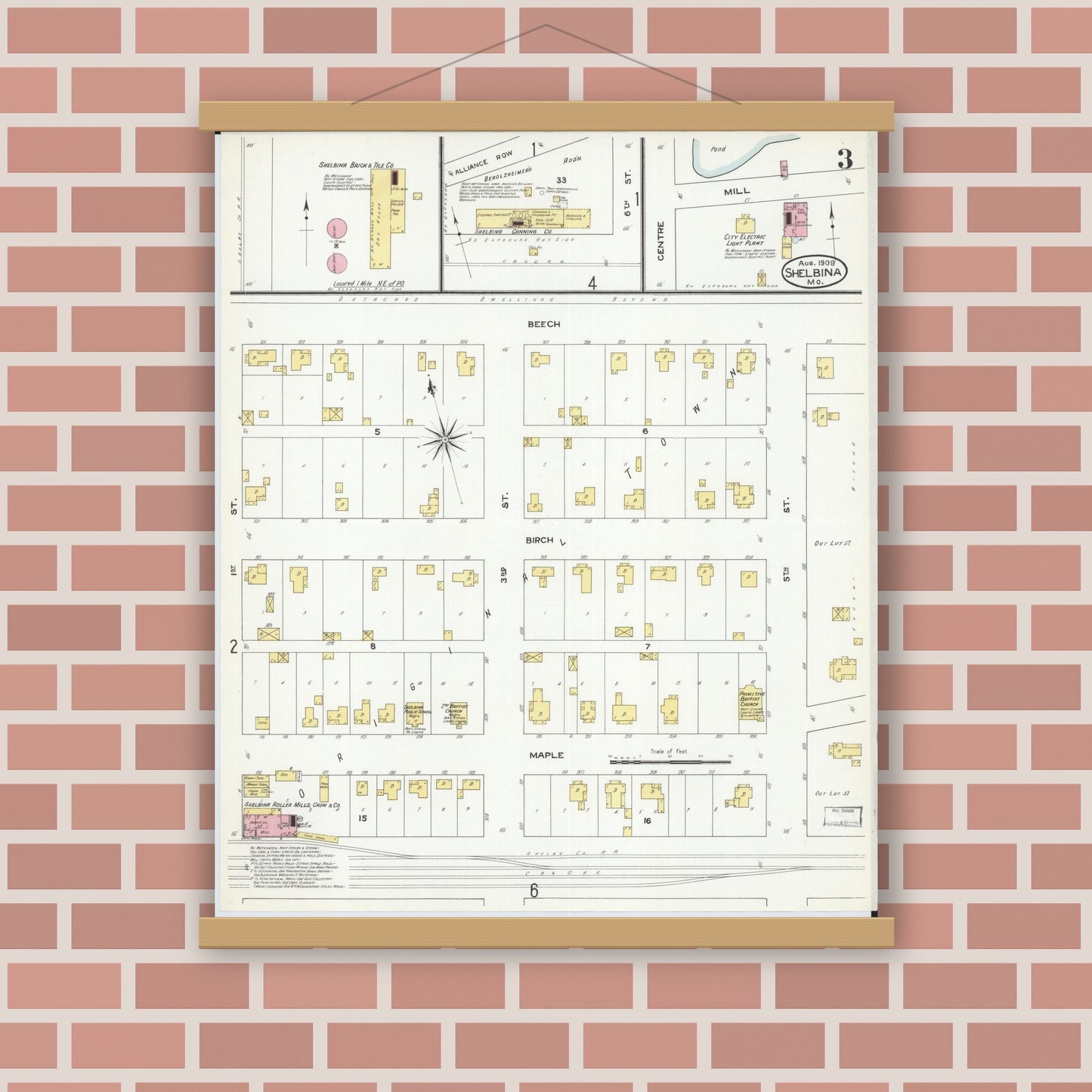 Old map wall art mockup — magnetic wood frame on brick wall — Sanborn Fire Insurance Map from Shelbina, Shelby County, Missouri (1909), Sheet #0003