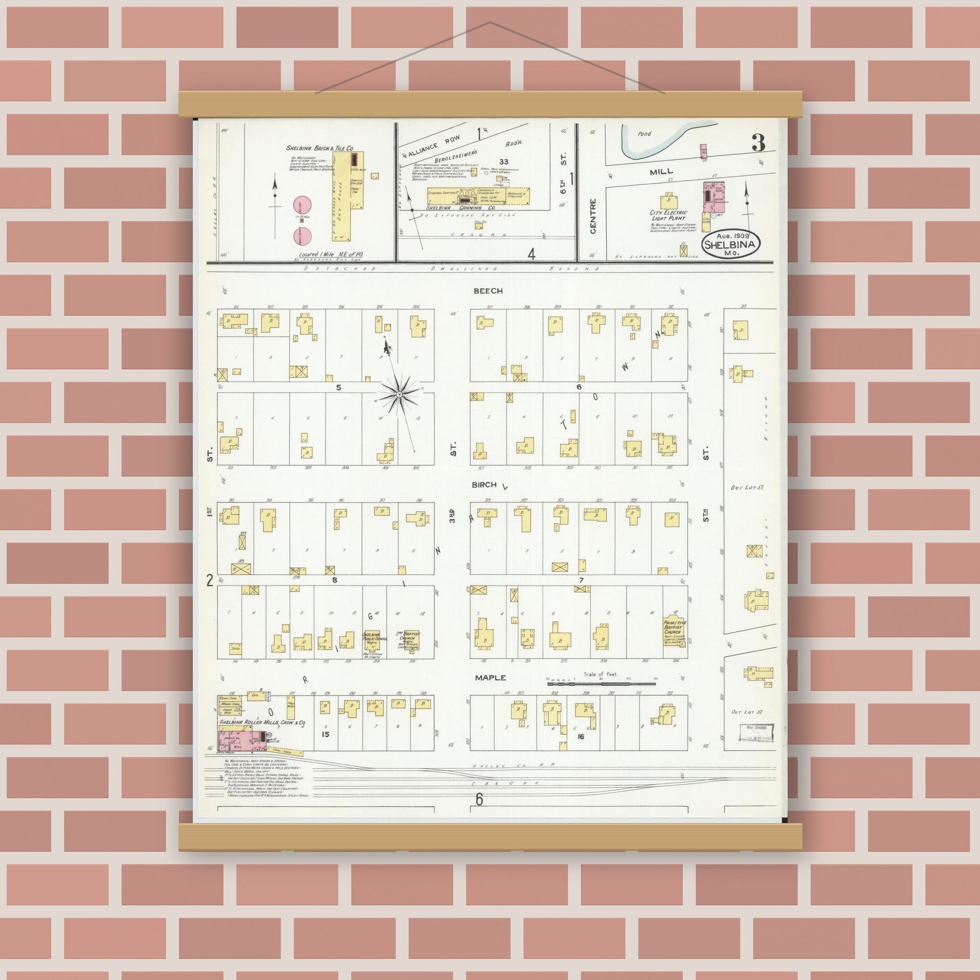 Old map wall art mockup — magnetic wood frame on brick wall — Sanborn Fire Insurance Map from Shelbina, Shelby County, Missouri (1909), Sheet #0003