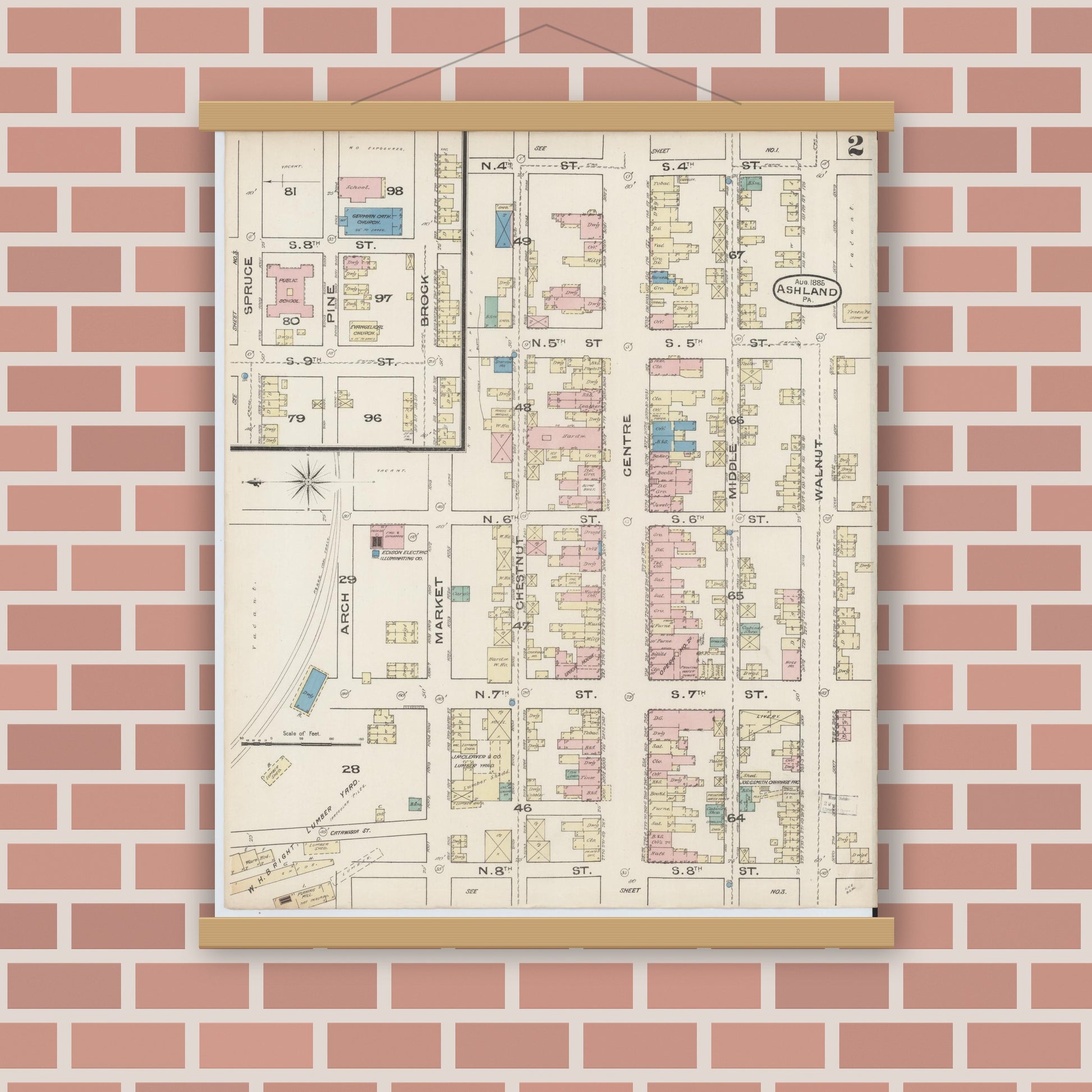 Old map wall art mockup — magnetic wood frame on brick wall — Sanborn Fire Insurance Map from Ashland, Schuylkill County, Pennsylvania (1885), Sheet #0002