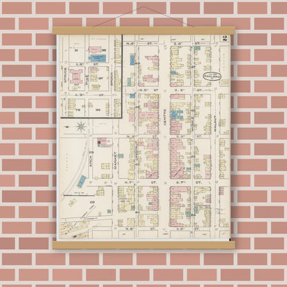 Old map wall art mockup — magnetic wood frame on brick wall — Sanborn Fire Insurance Map from Ashland, Schuylkill County, Pennsylvania (1885), Sheet #0002