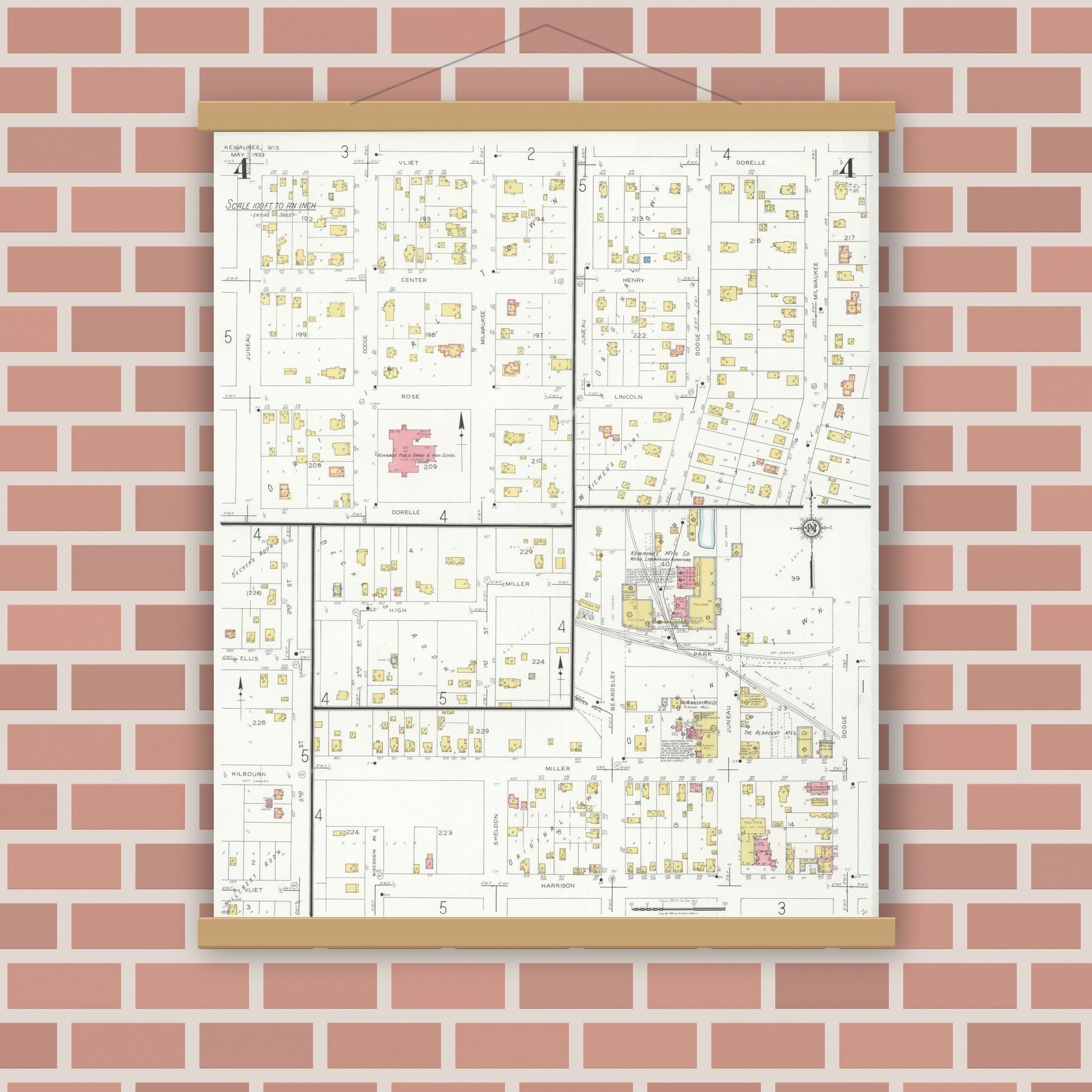 Old map wall art mockup — magnetic wood frame on brick wall — Sanborn Fire Insurance Map from Kewaunee, Kewaunee County, Wisconsin (1933), Sheet #0004