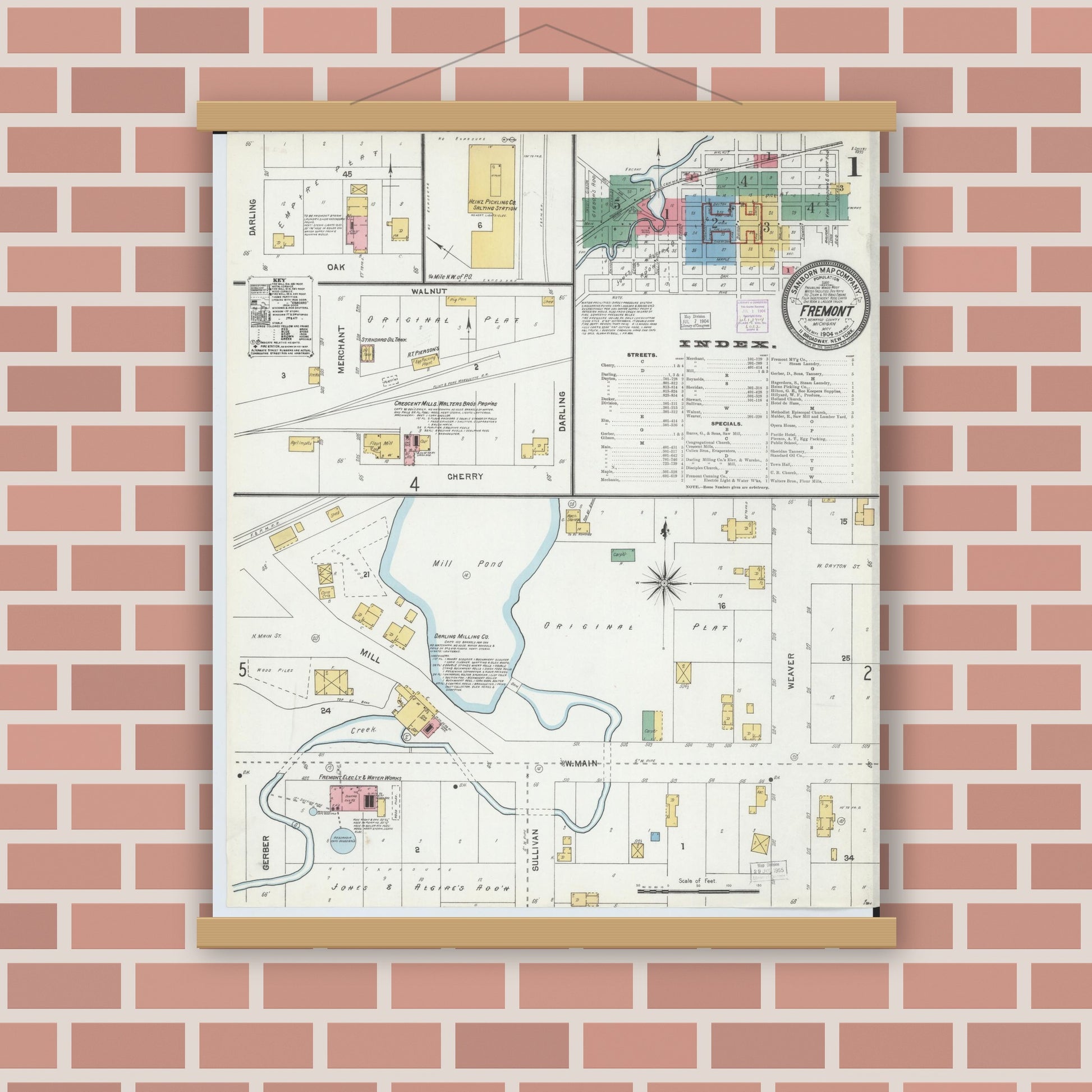 Old map wall art mockup — magnetic wood frame on brick wall — Sanborn Fire Insurance Map from Fremont, Newaygo County, Michigan (1904) - Complete Map Set