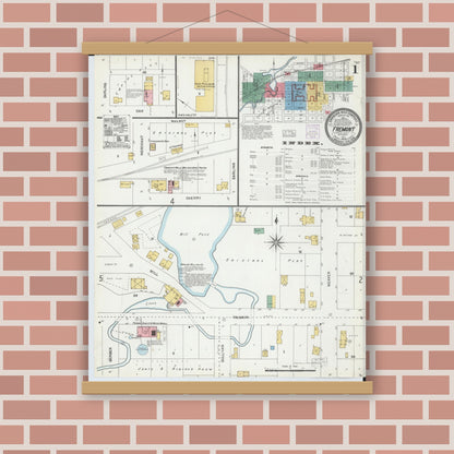 Old map wall art mockup — magnetic wood frame on brick wall — Sanborn Fire Insurance Map from Fremont, Newaygo County, Michigan (1904) - Complete Map Set