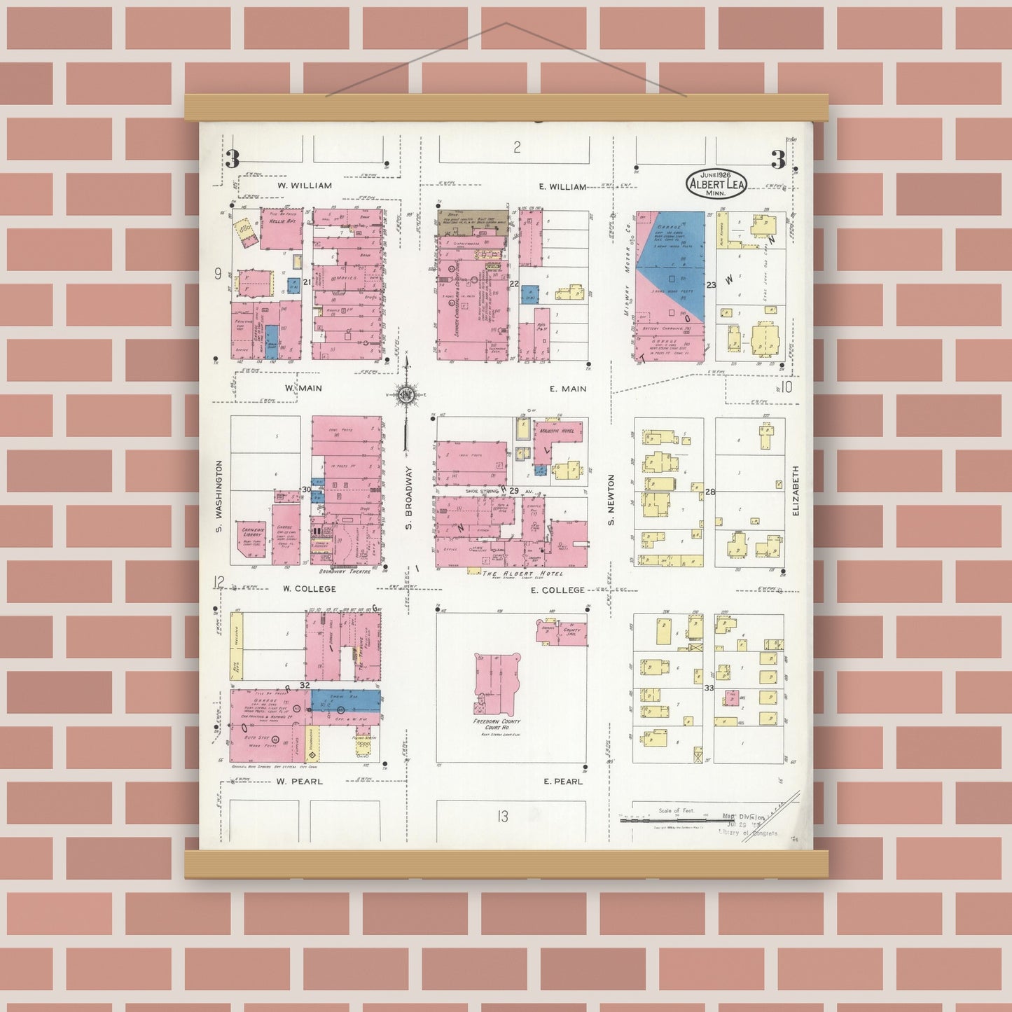 Old map wall art mockup — magnetic wood frame on brick wall — Sanborn Fire Insurance Map from Albert Lea, Freeborn County, Minnesota (1926), Sheet #0003