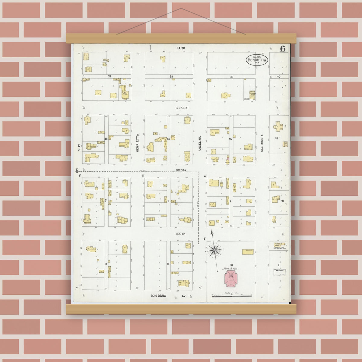 Old map wall art mockup — magnetic wood frame on brick wall — Sanborn Fire Insurance Map from Henrietta, Clay County, Texas (1902), Sheet #0006