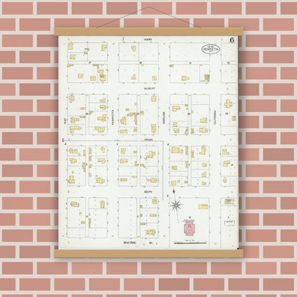 Old map wall art mockup — magnetic wood frame on brick wall — Sanborn Fire Insurance Map from Henrietta, Clay County, Texas (1902), Sheet #0006