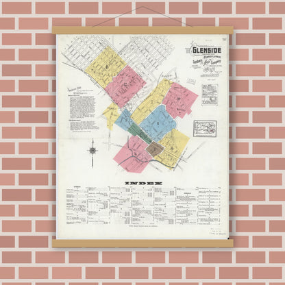 Old map wall art mockup — magnetic wood frame on brick wall — Sanborn Fire Insurance Map from Glenside, Montgomery County, Pennsylvania (1920) - Complete Map Set