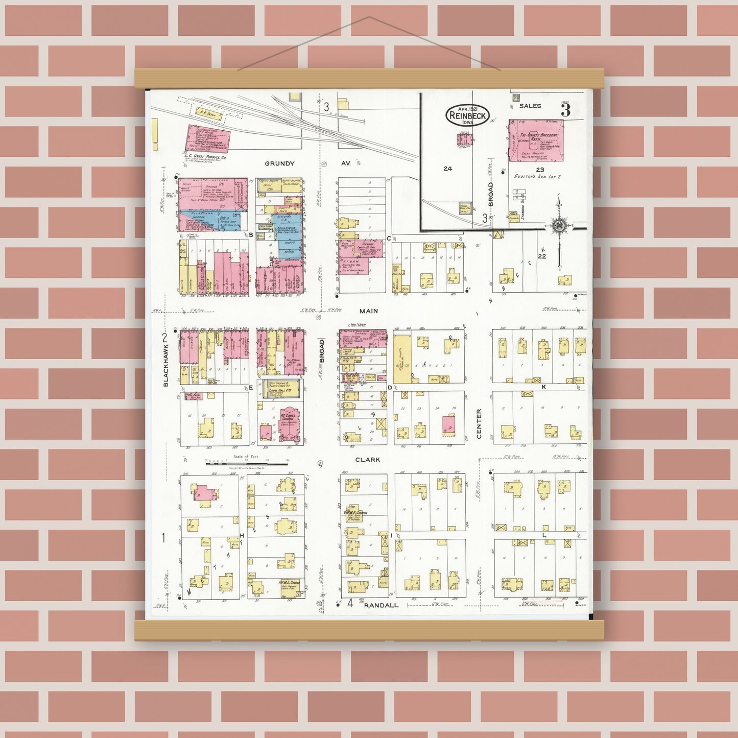 Old map wall art mockup — magnetic wood frame on brick wall — Sanborn Fire Insurance Map from Reinbeck, Grundy County, Iowa (1921), Sheet #0003