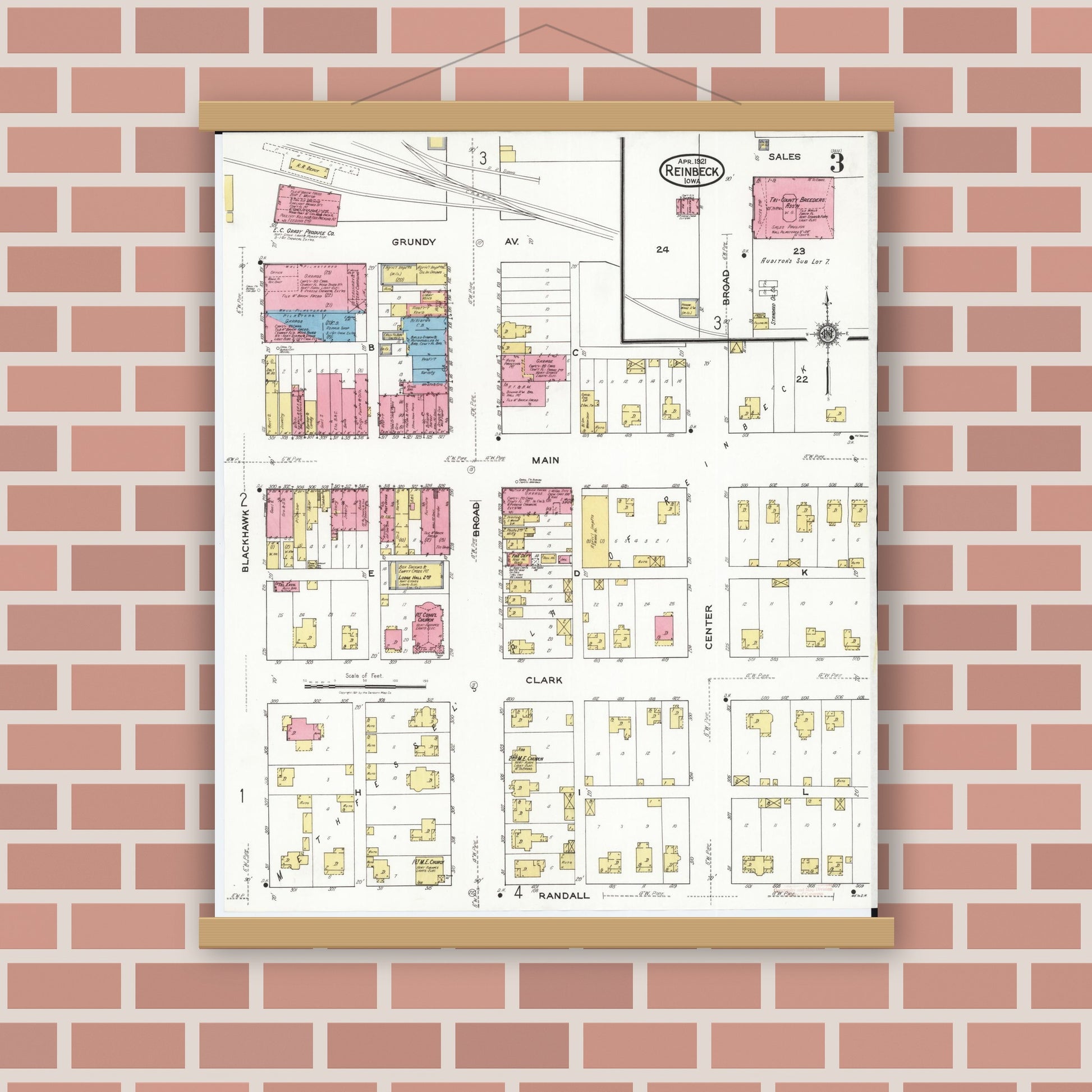 Old map wall art mockup — magnetic wood frame on brick wall — Sanborn Fire Insurance Map from Reinbeck, Grundy County, Iowa (1921), Sheet #0003