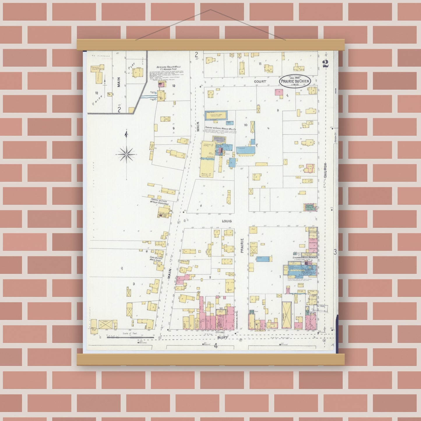 Old map wall art mockup — magnetic wood frame on brick wall — Sanborn Fire Insurance Map from Prairie du Chien, Crawford County, Wisconsin (1905), Sheet #0002