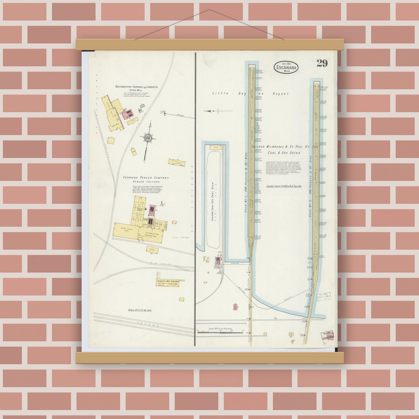 Old map wall art mockup — magnetic wood frame on brick wall — Sanborn Fire Insurance Map from Escanaba, Delta County, Michigan (1913), Sheet #0029