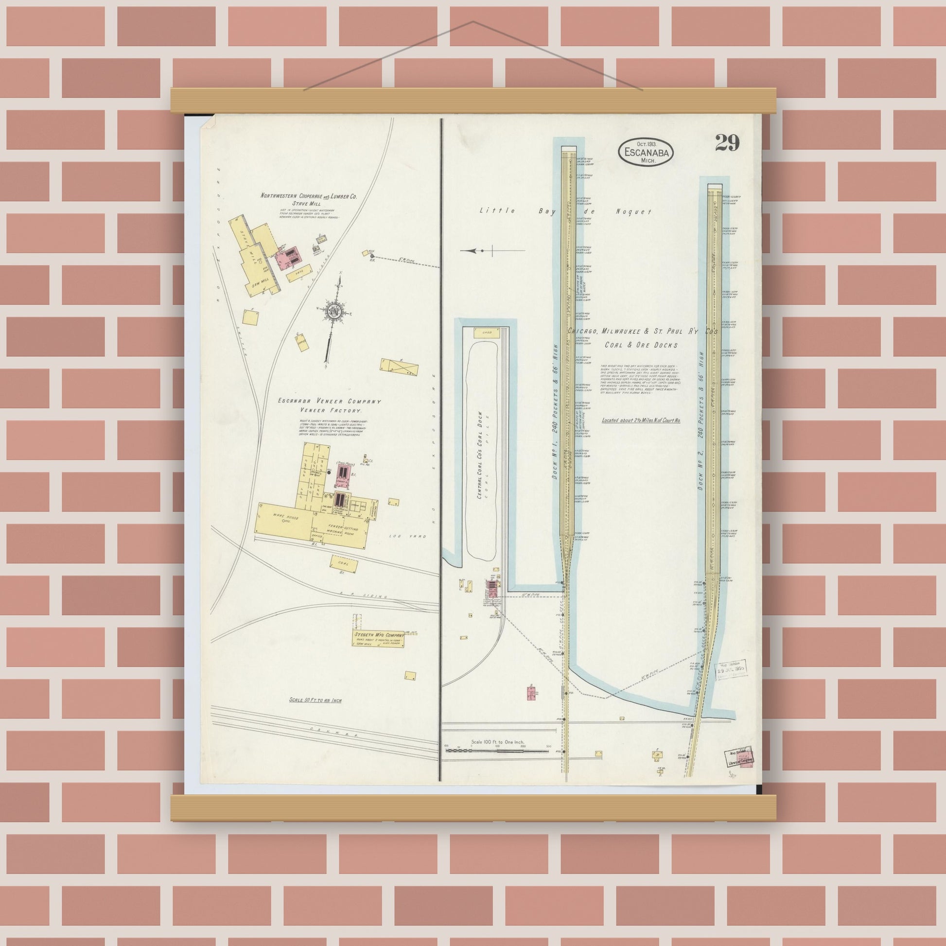 Old map wall art mockup — magnetic wood frame on brick wall — Sanborn Fire Insurance Map from Escanaba, Delta County, Michigan (1913), Sheet #0029