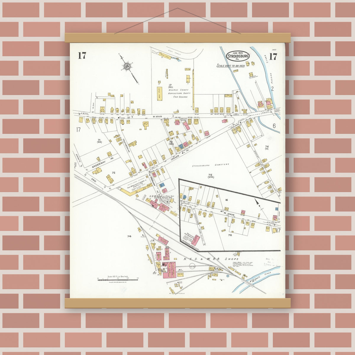 Old map wall art mockup — magnetic wood frame on brick wall — Sanborn Fire Insurance Map from Stroudsburg, Monroe County, Pennsylvania (1923), Sheet #0017