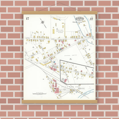 Old map wall art mockup — magnetic wood frame on brick wall — Sanborn Fire Insurance Map from Stroudsburg, Monroe County, Pennsylvania (1923), Sheet #0017