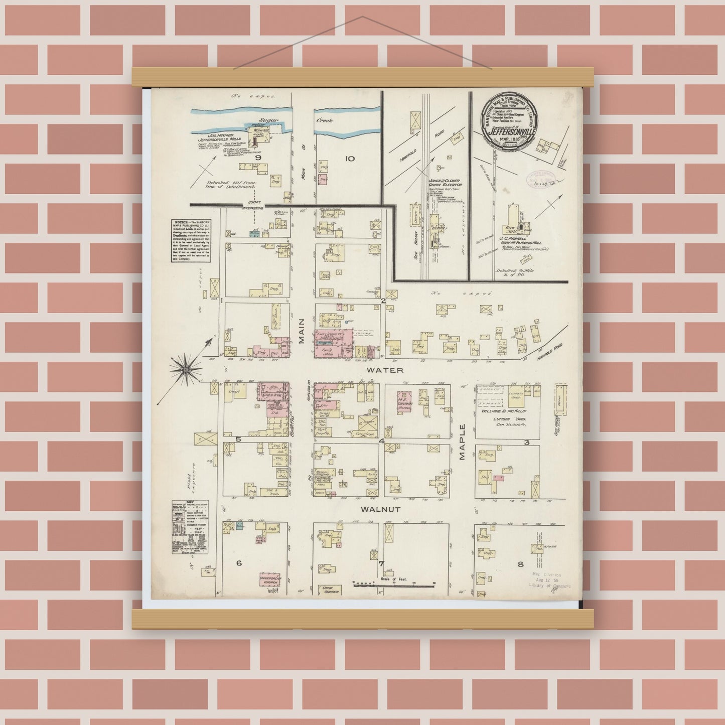 Old map wall art mockup — magnetic wood frame on brick wall — Sanborn Fire Insurance Map from Jeffersonville, Fayette County, Ohio (1885), Sheet #0001
