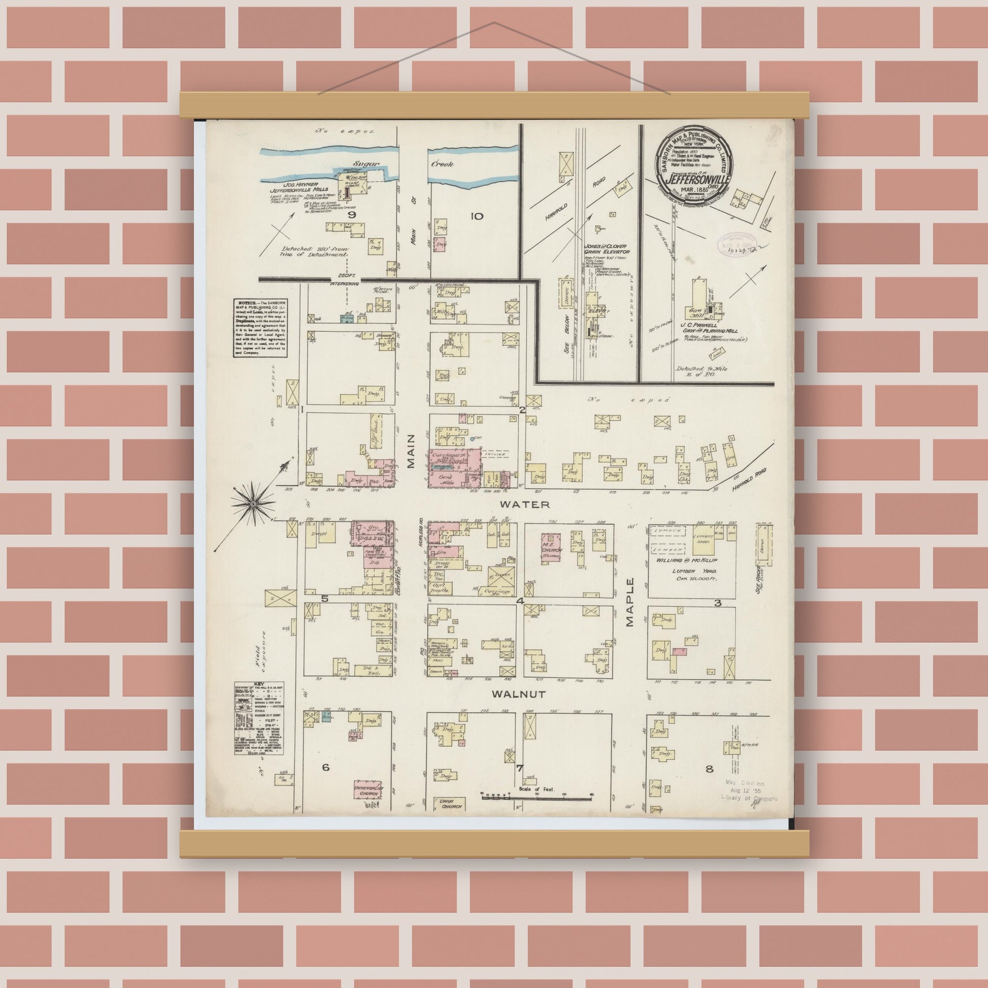 Old map wall art mockup — magnetic wood frame on brick wall — Sanborn Fire Insurance Map from Jeffersonville, Fayette County, Ohio (1885), Sheet #0001