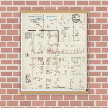 Old map wall art mockup — magnetic wood frame on brick wall — Sanborn Fire Insurance Map from Jeffersonville, Fayette County, Ohio (1885), Sheet #0001