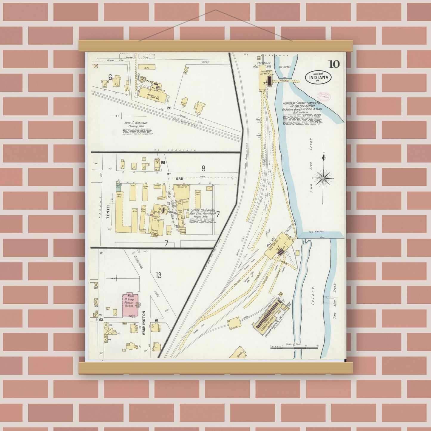 Old map wall art mockup — magnetic wood frame on brick wall — Sanborn Fire Insurance Map from Indiana, Indiana County, Pennsylvania (1888), Sheet #0010