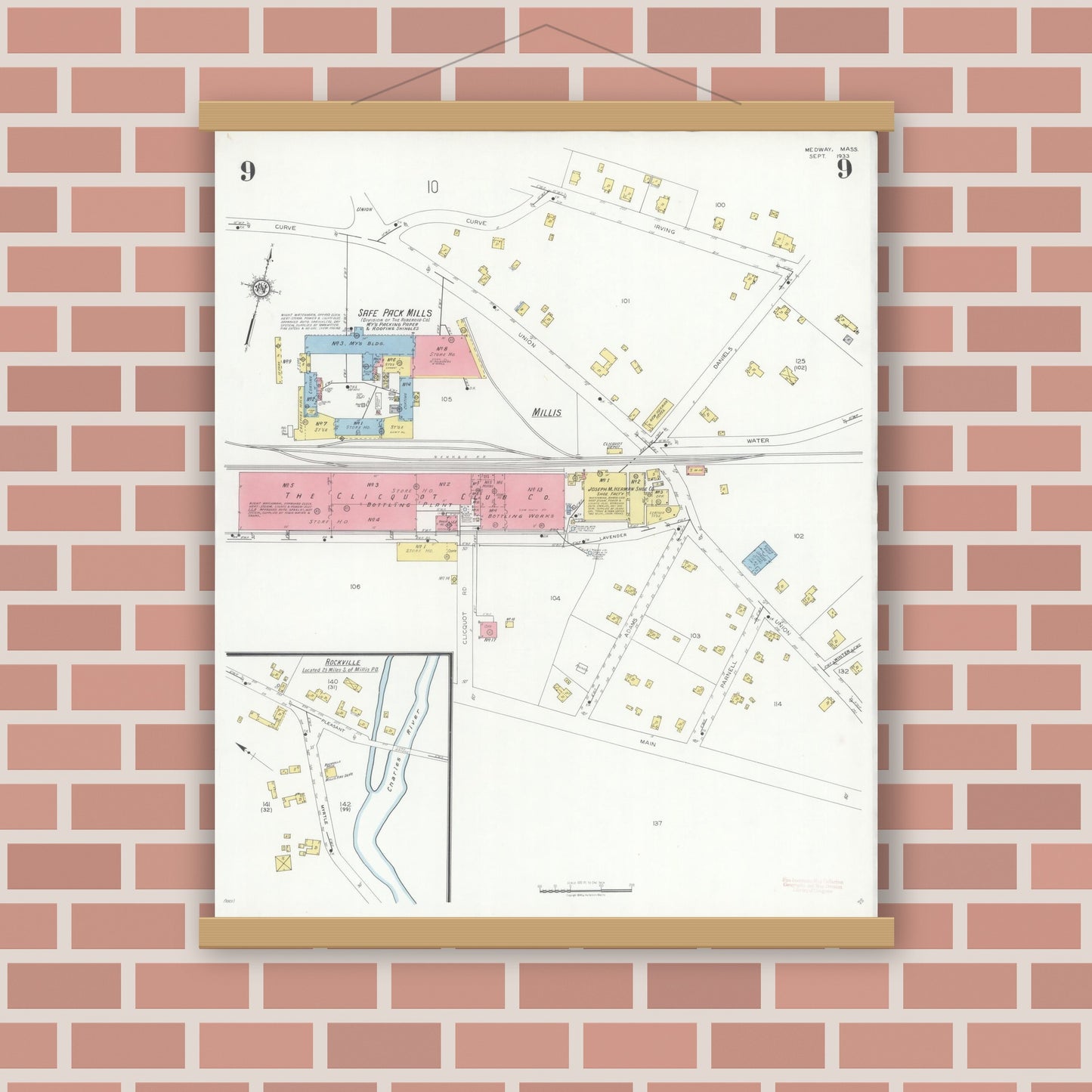Old map wall art mockup — magnetic wood frame on brick wall — Sanborn Fire Insurance Map from Medway, Norfolk County, Massachusetts (1933), Sheet #0009