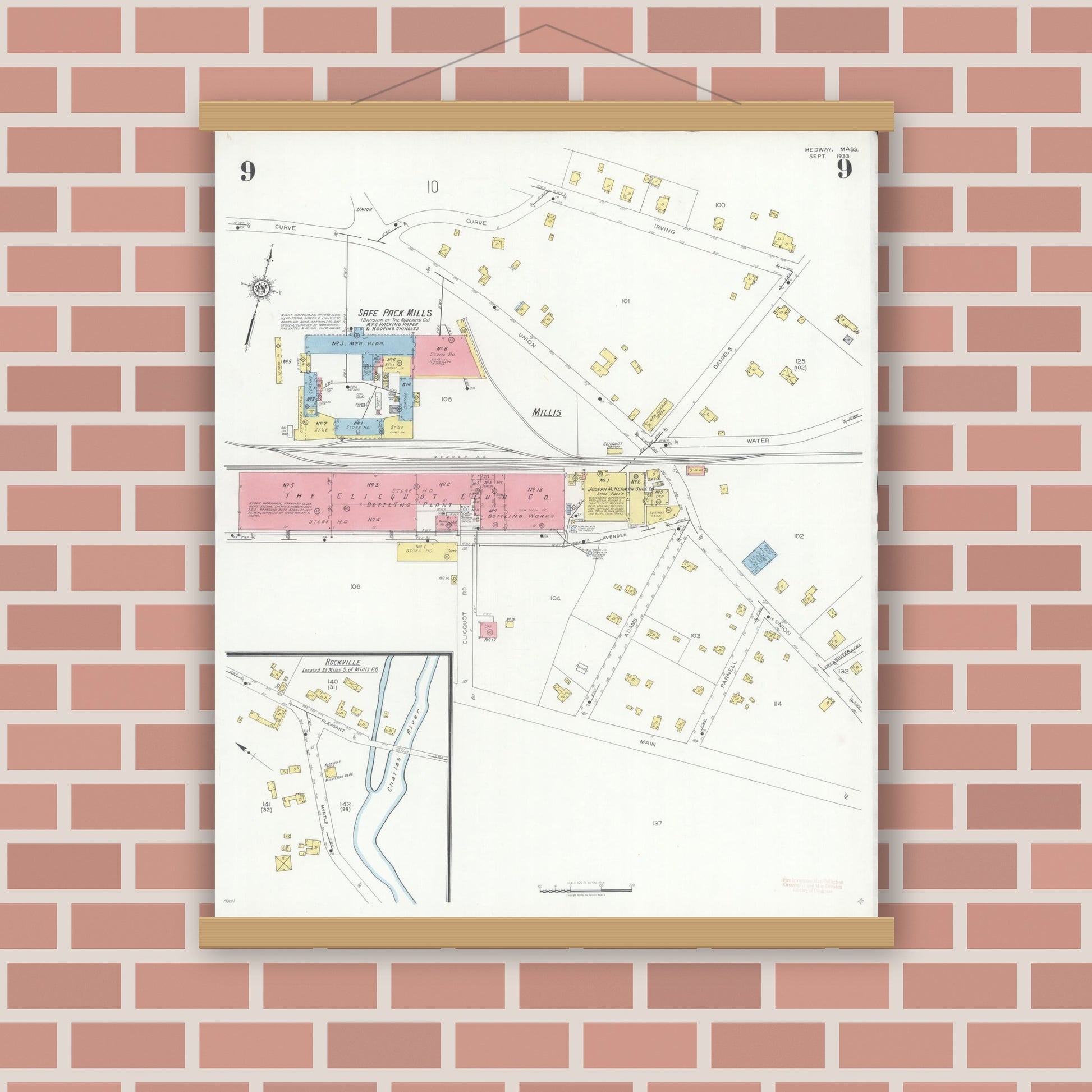Old map wall art mockup — magnetic wood frame on brick wall — Sanborn Fire Insurance Map from Medway, Norfolk County, Massachusetts (1933), Sheet #0009