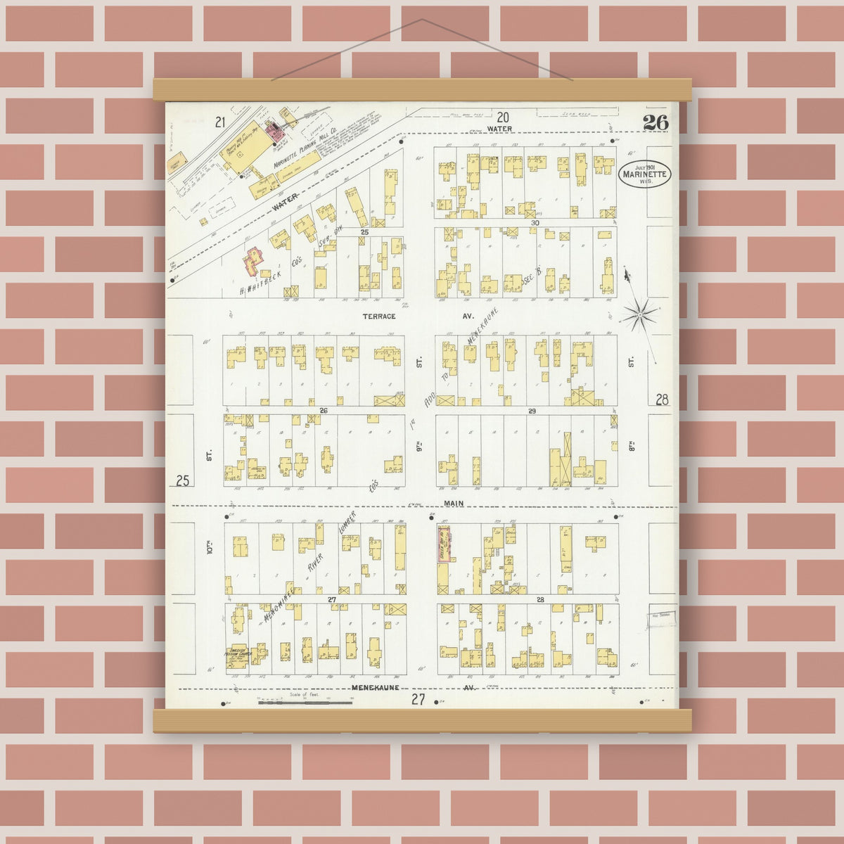 Old map wall art mockup — magnetic wood frame on brick wall — Sanborn Fire Insurance Map from Marinette, Marinette County, Wisconsin (1901), Sheet #0026